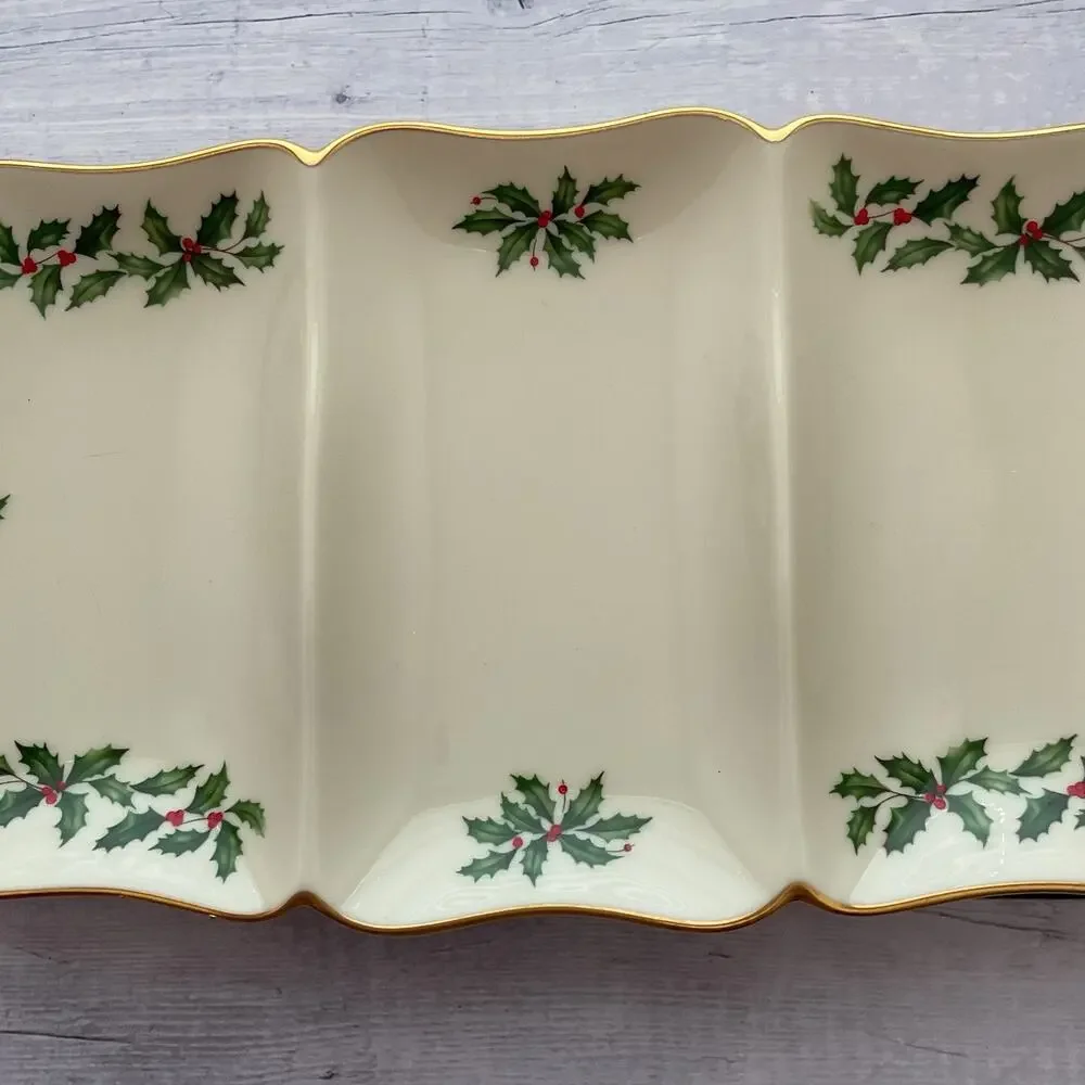 Lenox Holiday Dimension Christmas Relish Tray Divided Rectangular Holly Berries
